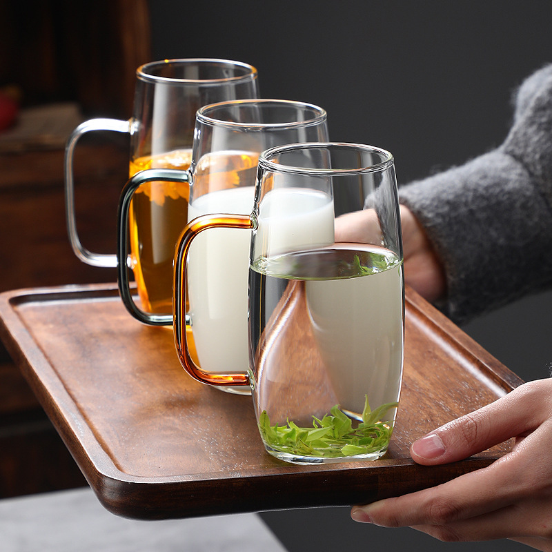 Transparent Green Tea Cup Flower Tea Cup Colorful Handle High Borosilicate Glass Single Layer Household Large Capacity Drinking Cup Tea Set