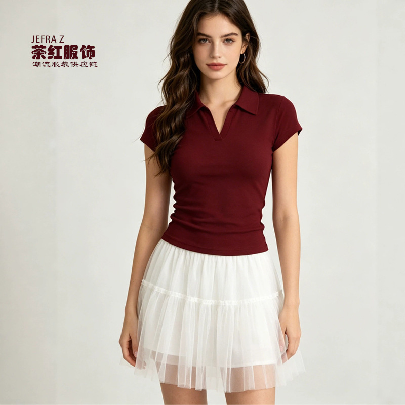 Collared Commuter Style Basic Top for Petite Trendy Girls, V-neck Slim Fit Solid Color Regular Shoulder Ralph Lauren T-shirt for Women Collared Commuter Style Basic Top for Petite Trendy Girls, V-neck Slim Fit Solid Color Regular Shoulder Ralph Lauren T-shirt for Women