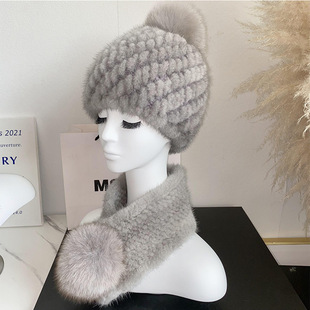 Autumn and Winter Women's Mink Woven Fur Hat Cute Solid Color Fox Hair Ball Pineapple Ear Protection Hat Scarf Set