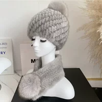 Осенне-зимняя женская меховая шапка из норки, милая однотонная Лисья шерсть, мяч из ананаса, шапка для защиты ушей, шарф, комплект
