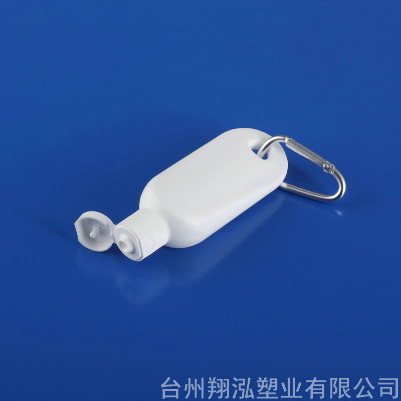 Suministro de fábrica 30ml HDPE material mosquetón gancho botella boca abajo botella gel desinfectante de manos libre botella de transporte