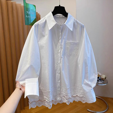 2025春夏新款高级感白色蕾丝拼接衬衫女纯棉百搭洋气小衫漂亮上衣