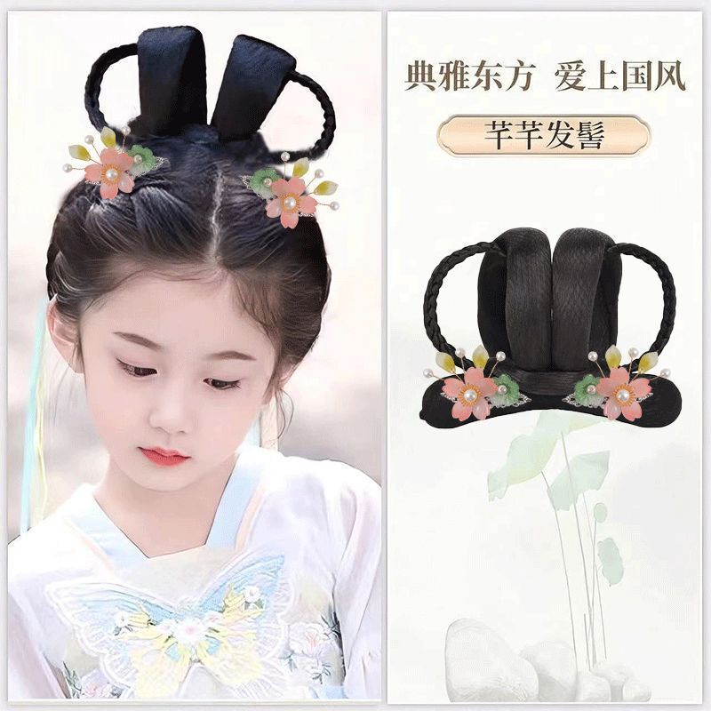 子供用古代衣装ヘアピース、かわいい女の子用漢服風ヘアピースセット、シンプルで多用途な古代風おだんごヘアバッグ|undefined