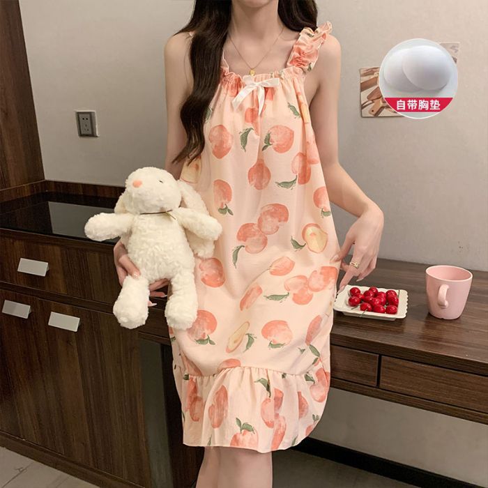 Venta al por mayor transfronteriza nuevo estilo verano honda almohadilla para el pecho pijama mujer lindo dulce y cómodo paño arrugado burbuja camisón de longitud media