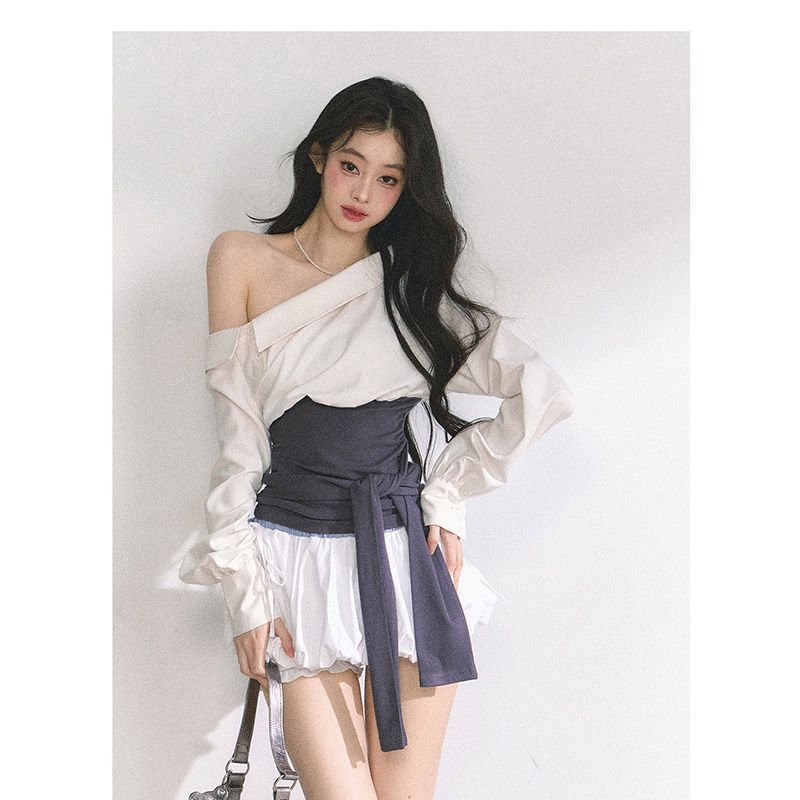 法式甜美斜肩辣妹长袖T恤上衣女夏季新款收腰显瘦设计感花苞裙裤|undefined