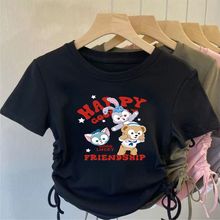 女童夏季新款短袖抽绳T恤卡通洋气上衣儿童中式设计女孩收腰上衣