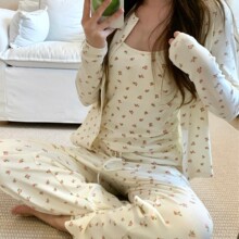 卡戴珊SK1M吊带碎花睡衣吊带长裤+开衫三件套棉质家居服可外穿
