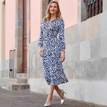 2025亚马逊独立站欧美爆款女装印花纽扣扭结修身秋冬款长袖连衣裙