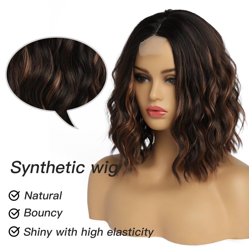 Women's brown HD net 14 inch hand hook 13 × 4 wig short shoulder length middle part curled wave
