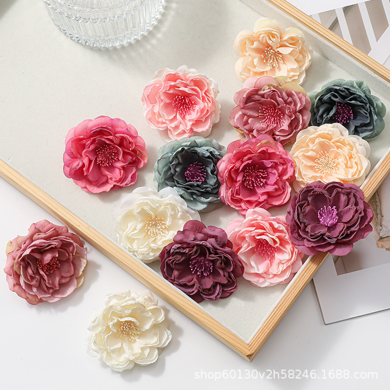 Simulated Small Peony Flower Head Burnt Edge Rose Flower Small Fresh Silk Flower DIY Simulated Flower Flower Headdress Accessories Wedding