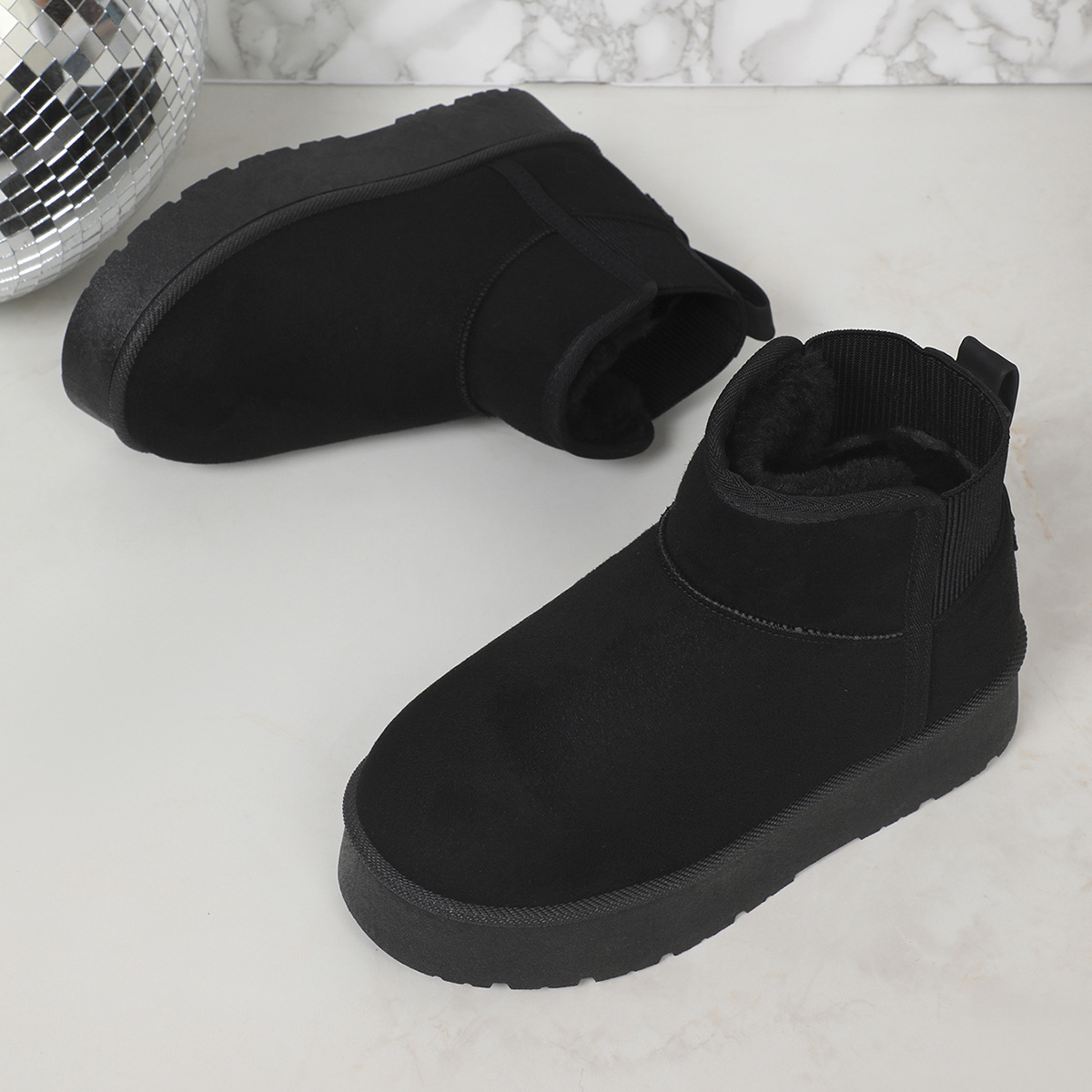 New women's snow boots with fleece thick sole warm snow cotton shoes brown black with wool inside_voghion.com