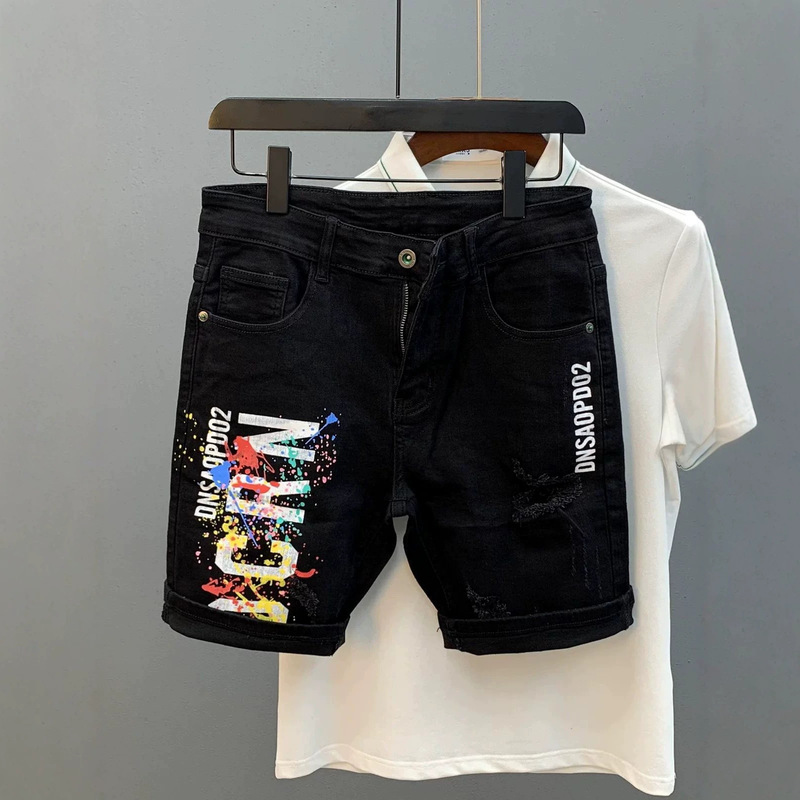 Trendy men's distressed, ripped, five-point shorts, versatile slim-fit, stylish black denim shorts for summer 2025