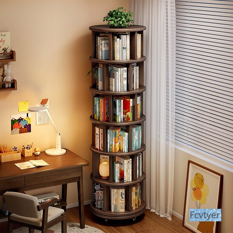 Solid Wood Rotating Bookshelf 360-Degree Floor-Standing Mobile Storage Rack Integrated Wall-Mounted Small Narrow Cabinet Home Corner Bookcase