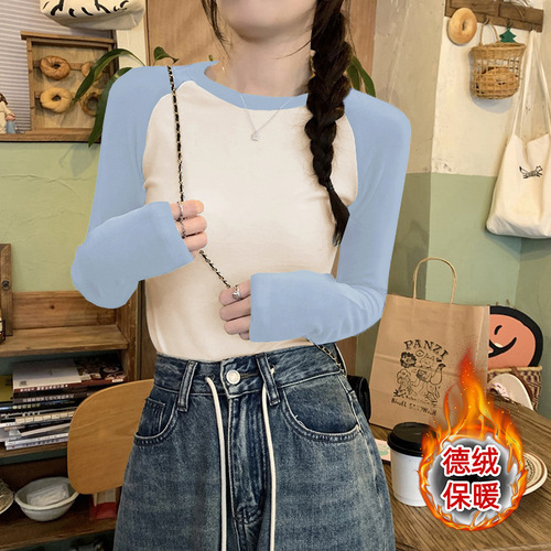 Denim-style arc hem contrasting patchwork trendy velvet long-sleeved base shirt for autumn and winter women's innerwear