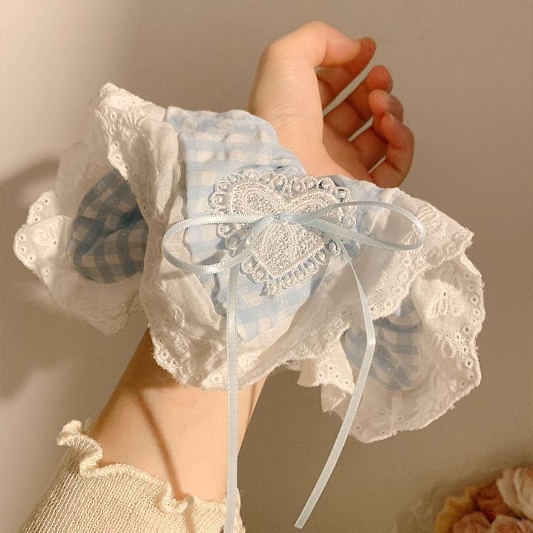 海盐泡泡~蓝色格子蝴蝶结蕾丝方巾大肠发圈女韩系超大头绳发饰夏