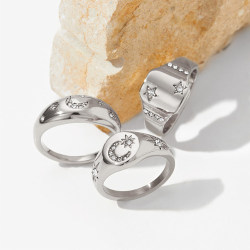 Stainless steel diamond ring European and American retro star and moon design personalized index finger ring cross-border hot selling ring jewelry