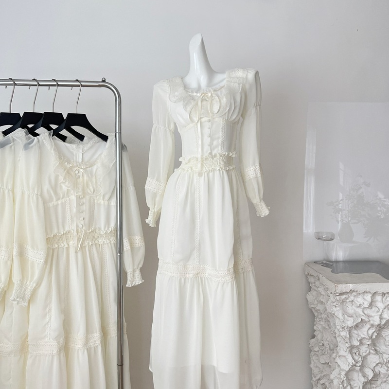 Q Niche Luxury French-Style Mist Island Vanilla Fragrance Heavy-Duty Custom-Dyed Lace Long-Sleeve Fairy-Style Tie-Waist Dress with a Cinched Waist