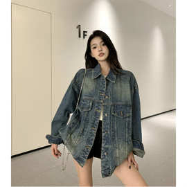 2025春水洗复古美式扎花牛仔外套女高街潮牌宽松情侣休闲百搭上衣