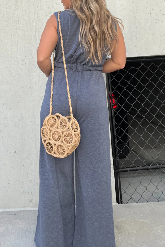 Estación independiente transfronteriza Amazon 2023 primavera y verano de las mujeres de color algodón color sólido cintura elástica Pantalones anchos mono de mujer casual