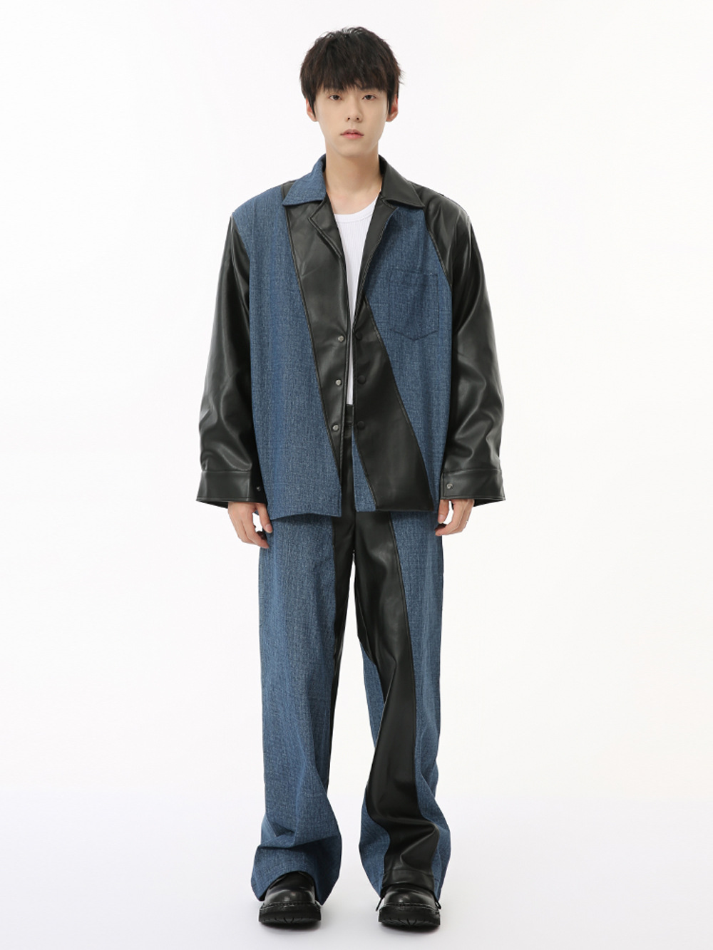 MTLCLOTHES Hombres| 2024 otoño nuevo producto nicho PU piel de color contraste chaqueta de empalme traje casual de moda