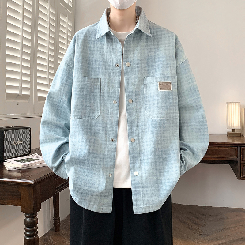 Gradient long-sleeve shirt jacket for men, blue plaid, suitable for teenagers and high school students, 2026 autumn collection, casual shirt jacket