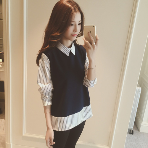 New Korean-style plus-size loose slimming striped shirt, casual long-sleeved bottoming top, women's faux two-piece top.