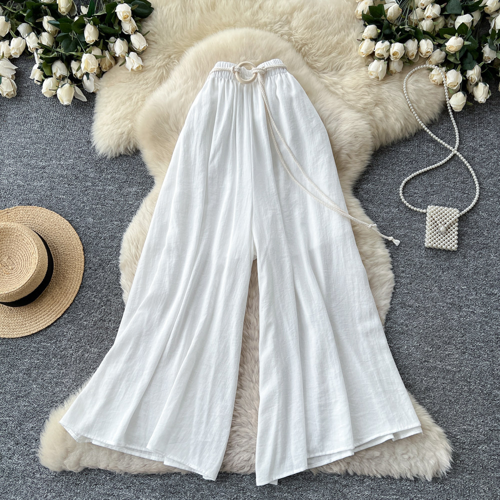 Women's High-Waisted Wide-Leg Trousers Tie Waist Retro Commuter Style Flowy Drapery Relaxed Fit Casual Pants_ecoleips.com