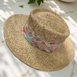 法式气质平檐草帽彩带复古礼帽夏季海边度假旅游遮阳帽子女沙滩帽