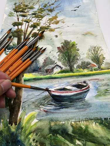 Cross-border Amazon 12 watercolor brushes oil painting acrylic set round head wooden pole student nylon hair brush