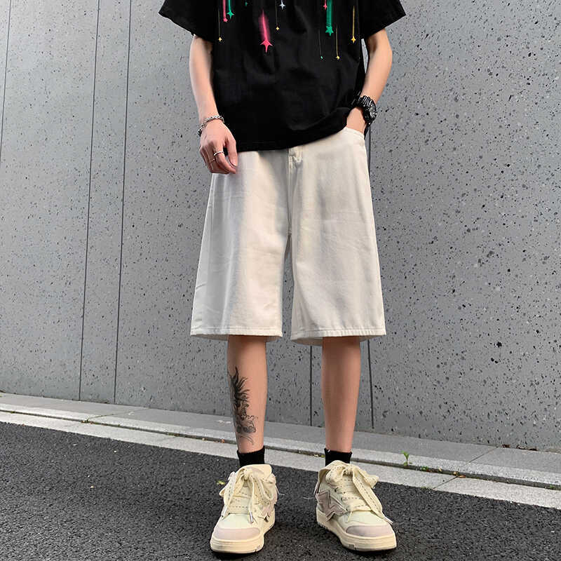 Pantaloncini di jeans casual estivi bianchi larghi 2024 nuovi pantaloni alla moda a cinque quarti con gamba dritta di media lunghezza per uomo_voghion.com