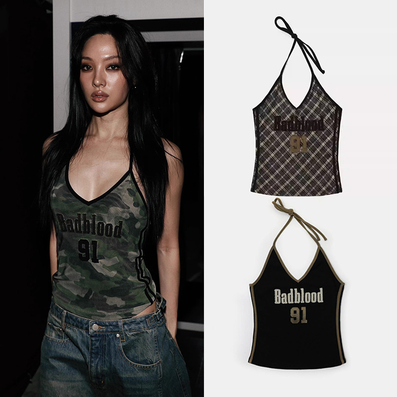 Badblood American Retro Halterneck Slim Suspender Sexy Sexy Backless Casual Short Camouflage Lace-Up Top