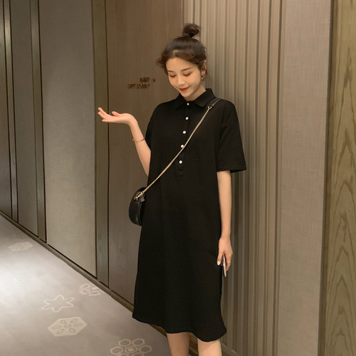 Maternity summer loose plus-size petite fashionable black polo shirt T-shirt middle-length casual dress