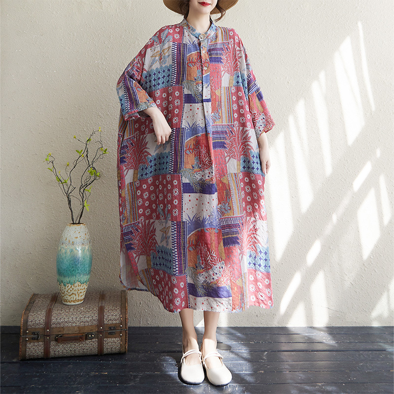2025 Summer New Style Elegant Artistic Retro Cotton and Linen Printed Stand Collar Loose Oversized Vacation Dress 2025 Summer New Style Elegant Artistic Retro Cotton and Linen Printed Stand Collar Loose Oversized Vacation Dress