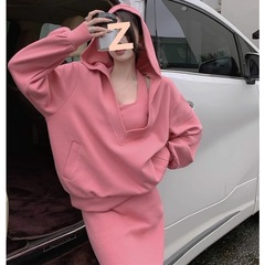ゆったりとしたフード付きジャケットとスリムなセットアップ レディース 2025秋冬新作 大きいサイズ スウェット 肉を隠すツーピースセット ワンピース レディース