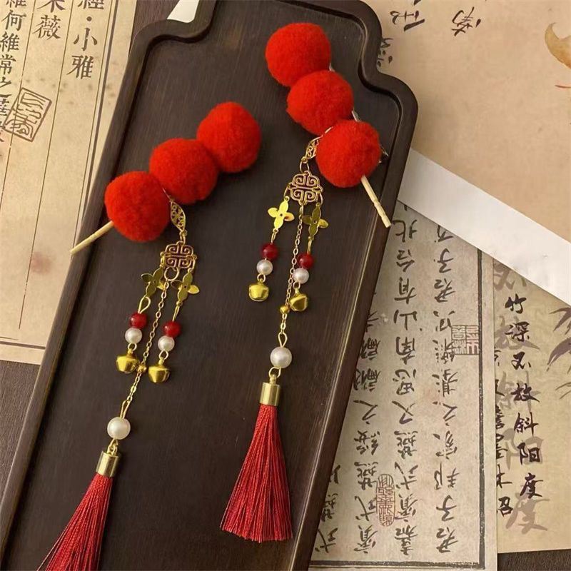 新年发饰糖葫芦红色发夹毛球汉服头饰可爱古风旗袍锦鲤流苏红发饰