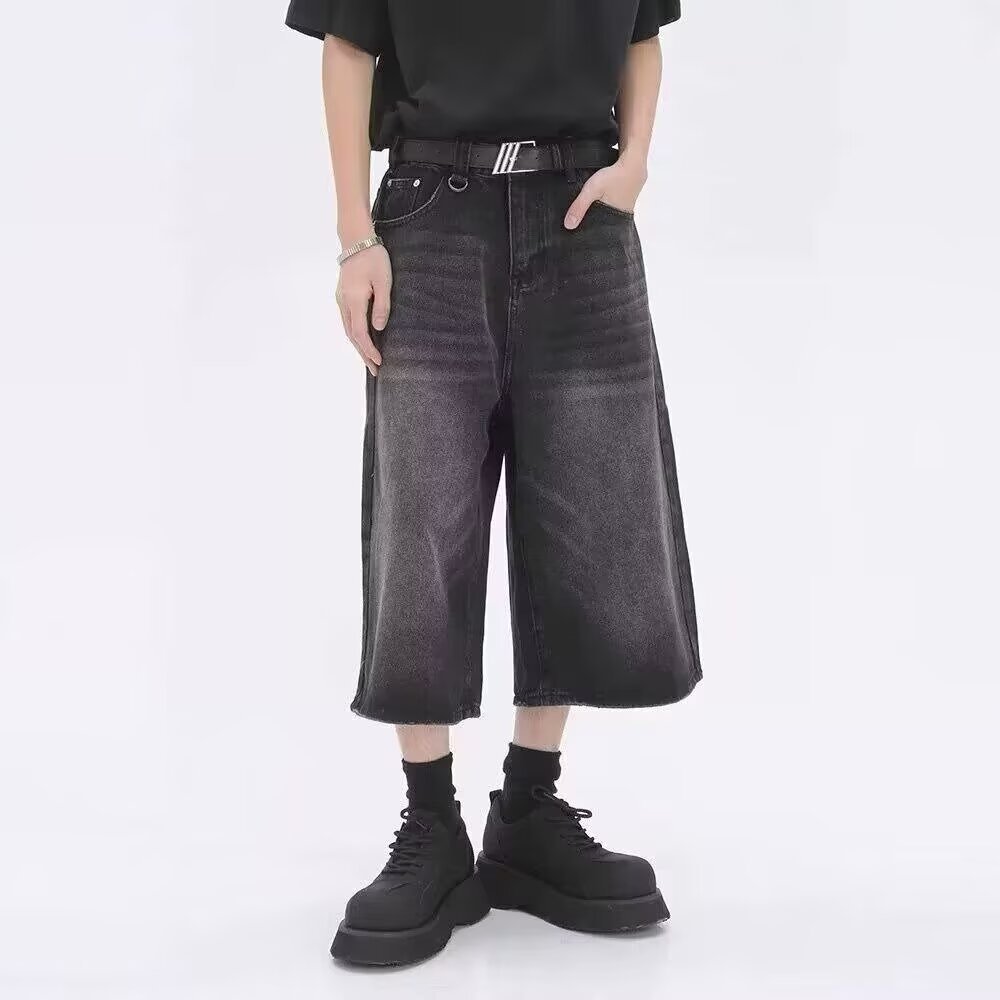 Jeans da uomo retrò lavati a gamba larga, cropped, pantaloncini in denim vintage per l'estate, vestibilità dritta, stile casual unisex, blu scuro, nero, blu classico_voghion.com