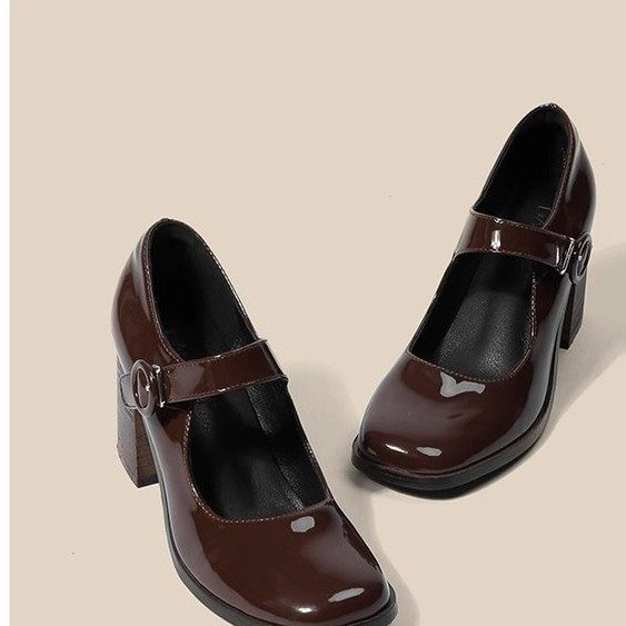 2023新款玛丽珍鞋女复古英伦风高跟一字扣粗跟方头单鞋女批发