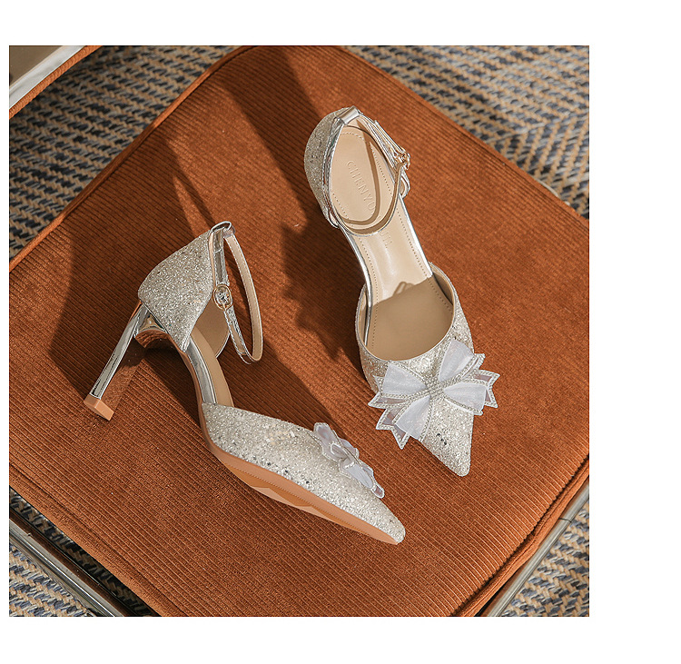 Giày sandal cao gót nữ quai ngang mũi nhọn gót nhọn CH8006-5 — Màu Sâm panh chi tiết 22