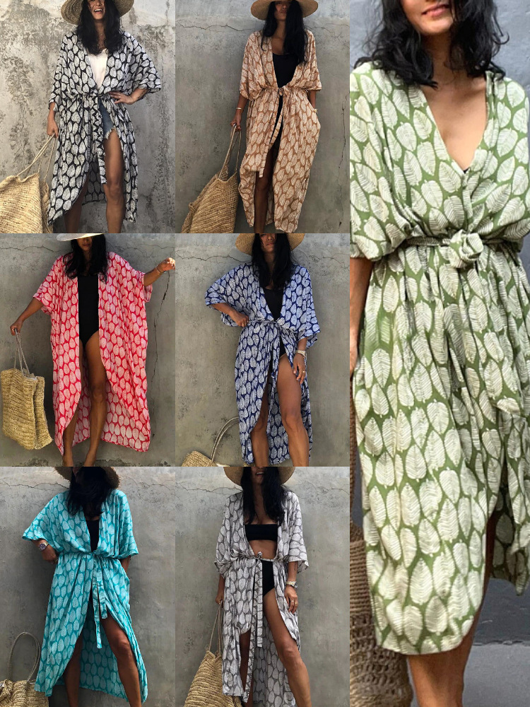 Explosiones transfronterizas impresión de hojas vacaciones cardigan protector solar bikini camiseta Amazon 1D138 - A