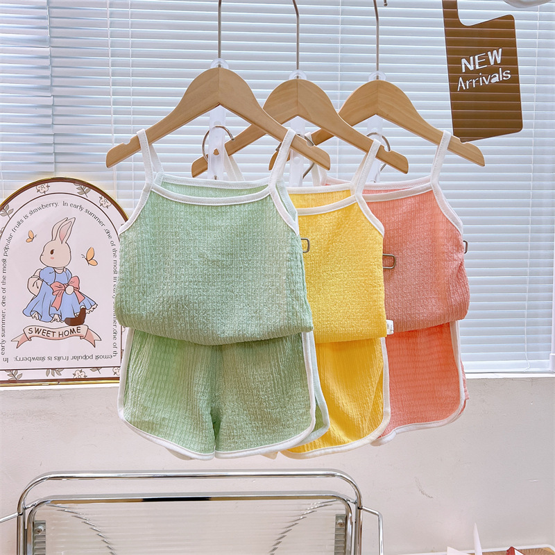 Traje de honda para niños verano nuevo chaleco para niñas pantalones cortos de dos piezas para bebés ropa fina de verano ropa para niños al por mayor