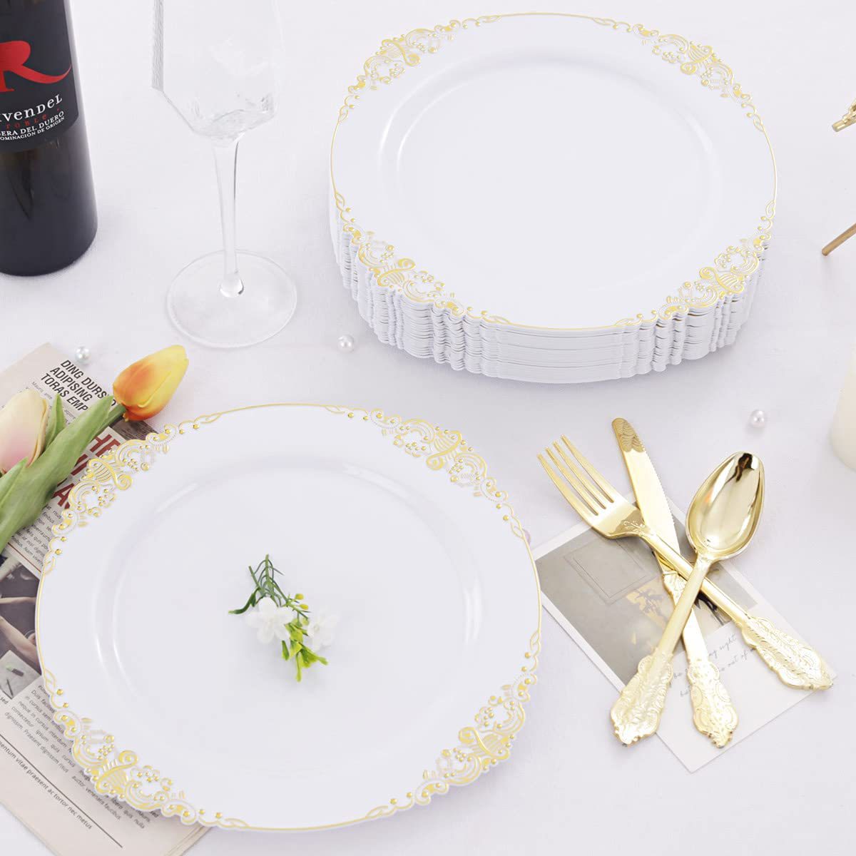 10g Weight Tableware Kitchen and drinking utensils Tableware Event & Party Supplies 1 Piece Quantity Home, Daily Occasion Plastic Material Multicolor Pattern Chinoiserie, Vacation Style Disposable Tableware Dragon Pattern White Golden Edge Relief Plate Wine Glass Knife, Fork And Spoon PS Hard Plastic Gold Air-Laid Paper Suit 2
