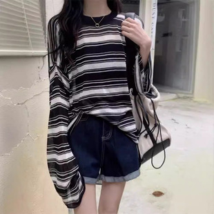Autumn 2024 New Thin Striped Long-sleeved T-shirt Women's Knitwear Top Ice Silk Sunscreen Blouse Loose Lazy
