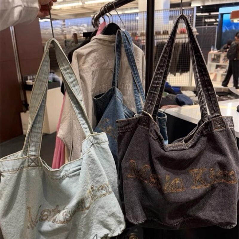 [in Stock] Korean Mk Large-Capacity Denim Tote Bag New Commuter Shoulder Bag Shopping Bag