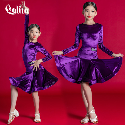 Girls Violet velvet competition Latin dance Dresses Latin Performance Suit  for kids Standard ballroom latin dance costumes