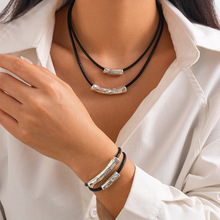 欧美跨境复古民族浮雕吊坠短款choker项圈女 简约双层弯管项饰品