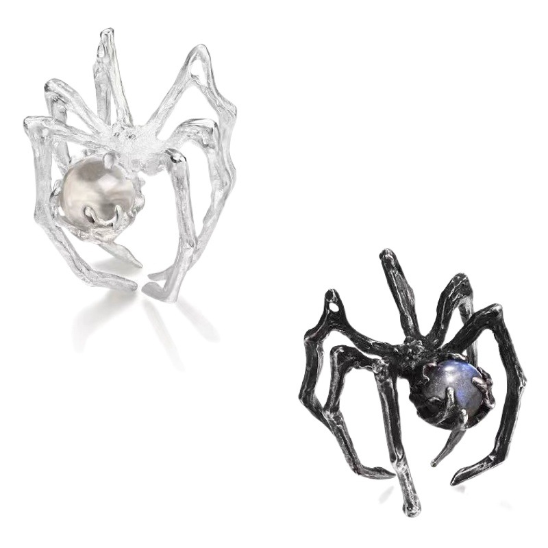 Black Spider Dark Punk Ring Ins Niche Design Moonstone Metal Minimalist Style Adjustable Open Ring