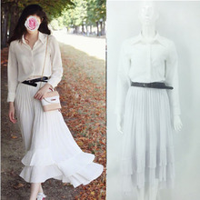 夏季新款何穗同款白色翻領長袖襯衫復古風荷葉邊百褶中長裙套裝女