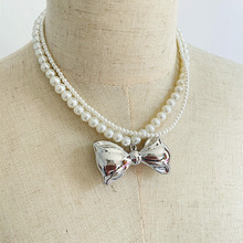 韩国银色立体蝴蝶结珍珠串珠双层项链女小众高级感颈链个性锁骨链