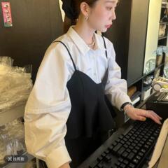 韩国ins秋装新款韩系百搭小众时尚白色衬衫+叠穿背心两件套女上衣