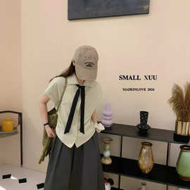 SMALL XUU法式无袖上衣女十三行夏季新款西装领黑领带衬衫潮98007